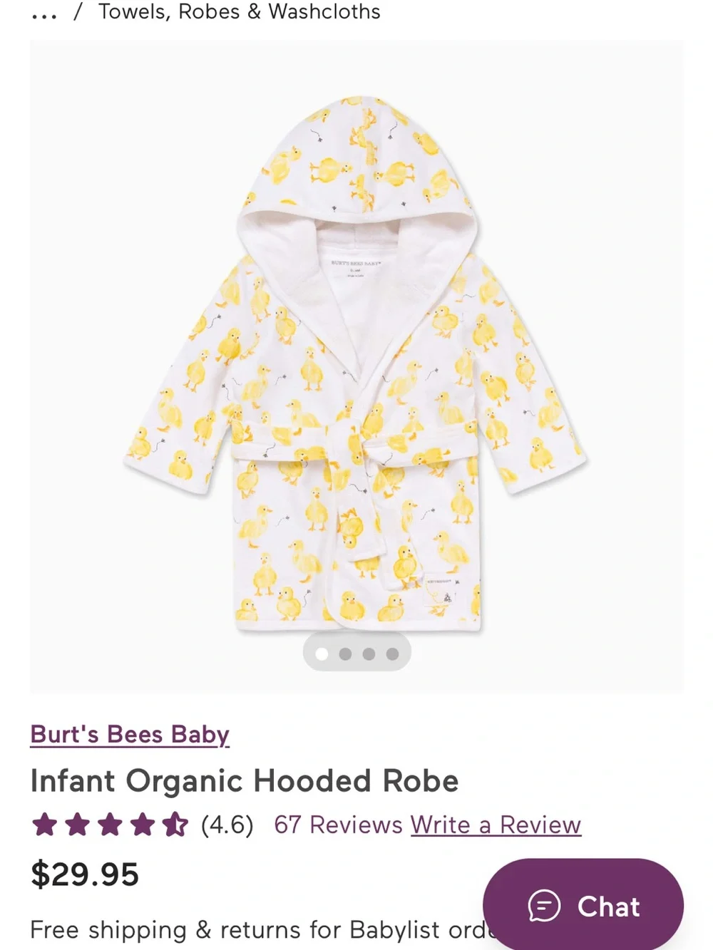 Hooded Baby Bath Robe with Yellow Duck Print - Burt's Bees